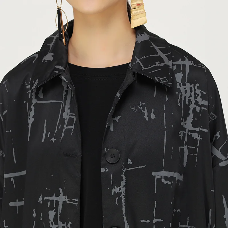 [EAM] Women Pattern Printed Big Size Long Trench New Lapel Long Sleeve Loose Fit Windbreaker Fashion Autumn Winter 1K466