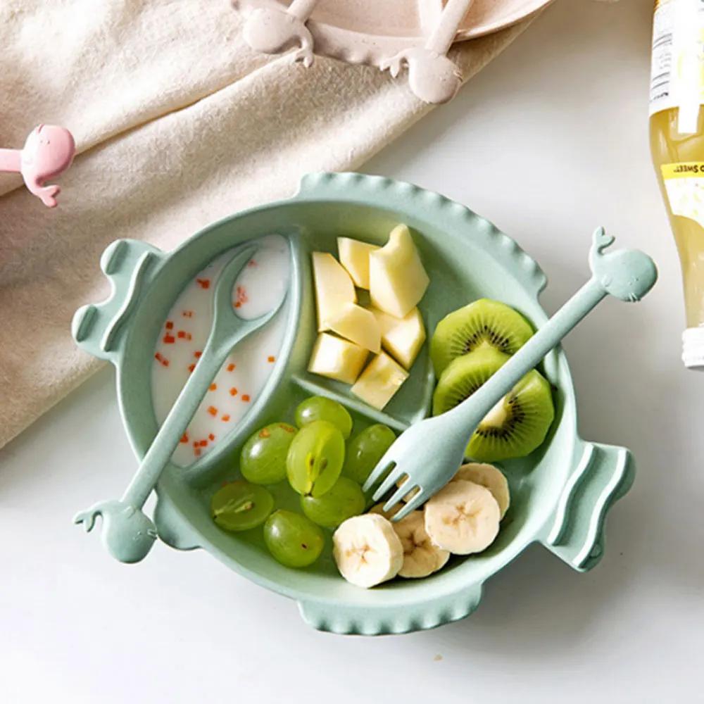 Детская тарелка в форме рыбы, мультяшная экологическая детская посуда, столовая посуда, 3 шт./компл., пшеничный соломенный поднос для ланча, кухонная салфетка-подставка