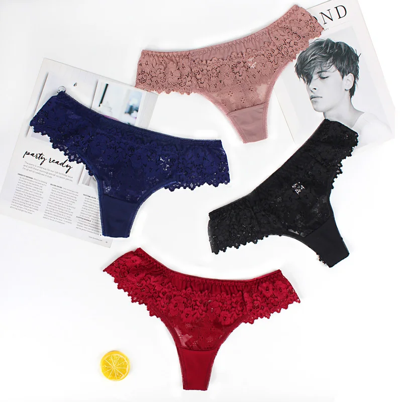 Women Lace Panties Low-waist Embroidery Thong Transparent Hollow out Female Underwear
