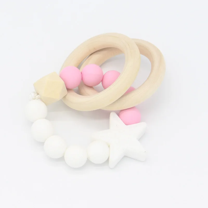 Imebaby Baby Cartoon Molar Wooden Teether Rodent Child Silicone Bead DIY Bracelet Baby Hand Toy Teether