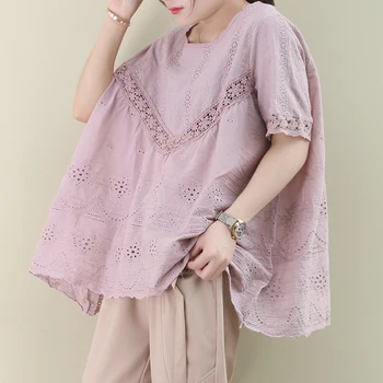 

[EWQ] 2020 Spring Summer New Pattern Round Collar Short Sleeve Solid Hollow Out Patchwork Vintage T-shirt Women AK96306