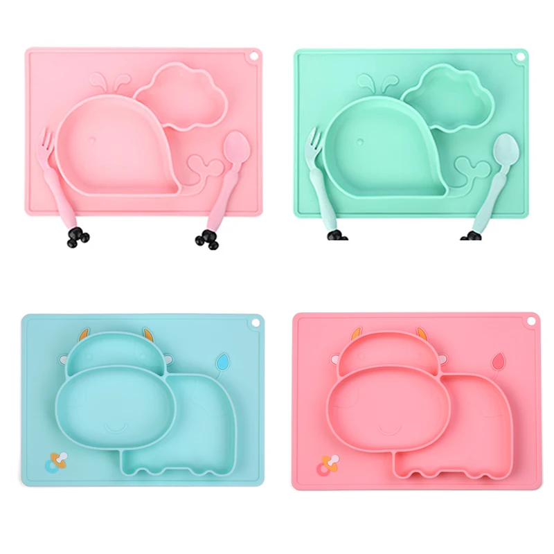 Baby Silicone Dining Plates Cartoon Whale Crab Toddler Tableware Set Children Feeding Bowl Spoon Fork Kids Anti-fall Dishes