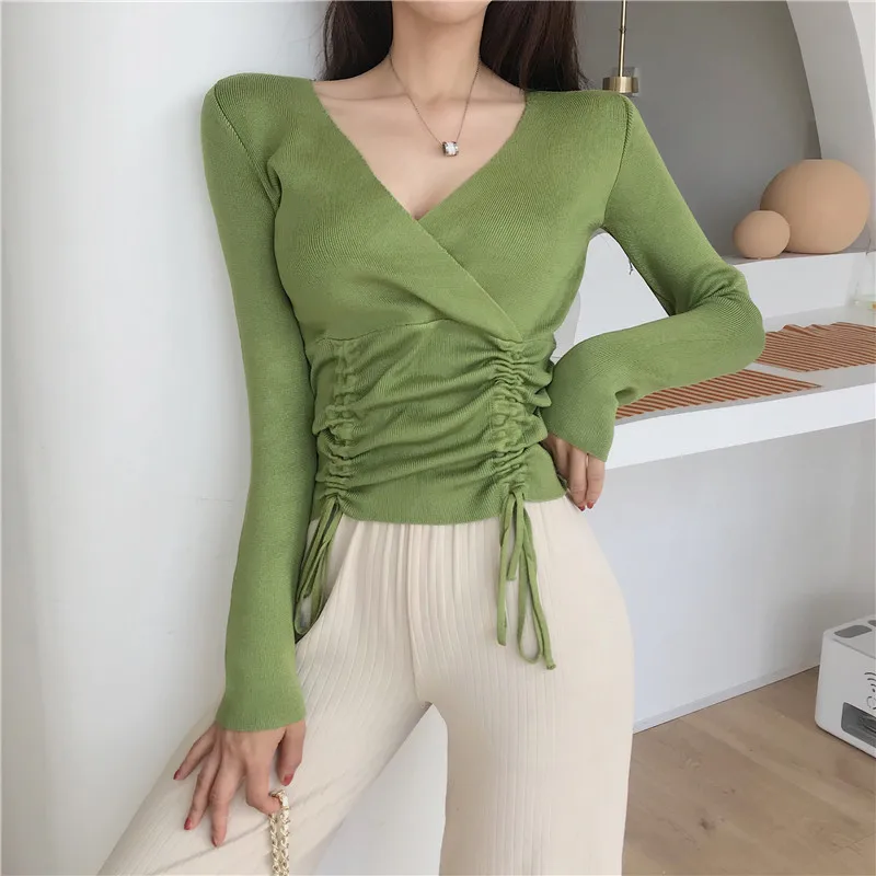 

Women's V-neck Knitted Full Sleeve Solid Cropped Sweater Shirts Girls Sweaters Pullovers Jumpers Crop Tops for Female