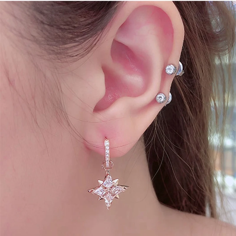 Модные серьги-подвески с цирконием AAA и звездой снежинками из чистого серебра 925