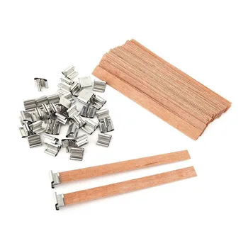 

50Pcs Wood Candle Wicks Natural Wood Wick With Iron Stand Environmental Wick For Candle Making And Candle DIY Craft For Party