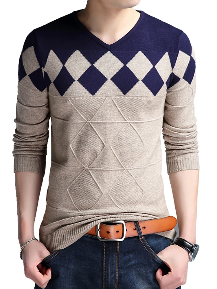 Brown sweaters BROWON, осенний мужской свитер с v-образным вырезом, свитер без воротника, рождественские свитера, модные повседневные облегающие мужские свитера - Цвет: Brown sweaters