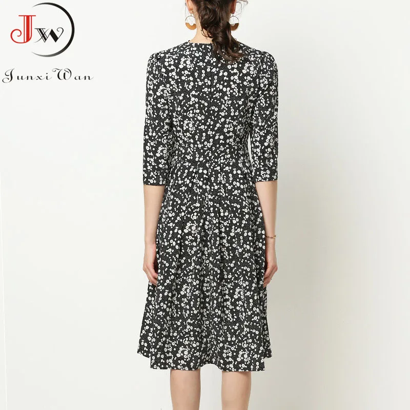 Women Floral Print Spring Summer Elegant Vintage A line Midi Dresses O-Neck 3/4 Sleeve Chic Party Dress Plus Size Robe Femme