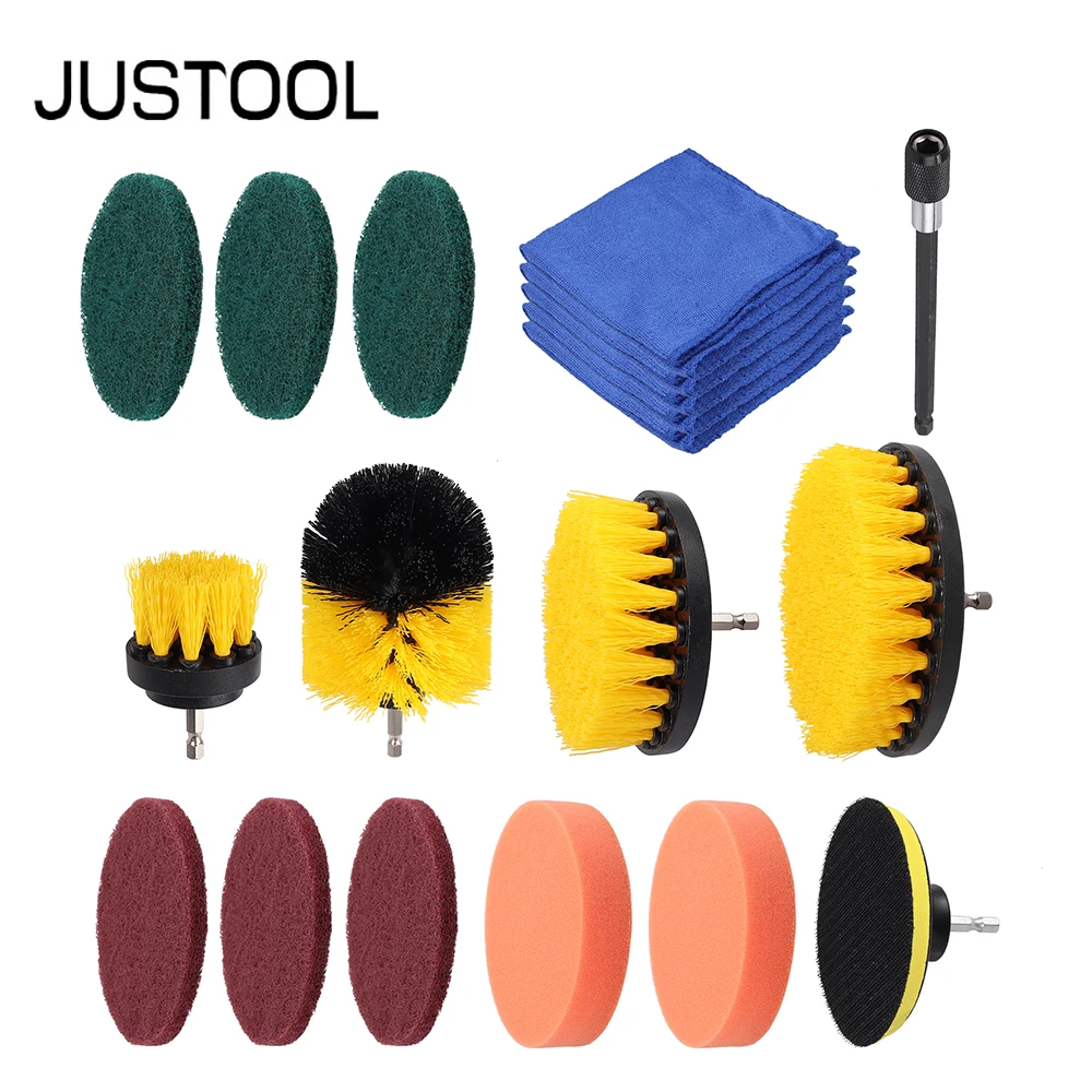 

JUSTOOL 14 pcs Drill Brush Accessories Set + 5pcs Fine Fiber Towel different shape cleaning brushes hardness scratch pads