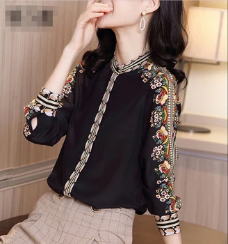 

2020 Summer New Silk Shirts Women Long Sleeve Fashion Stand Collar Vintage Printed Blouses Shirt