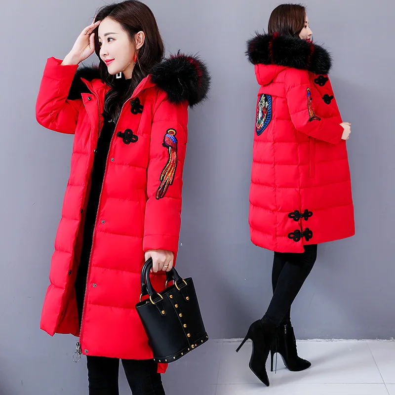 

2018 Winter New Style Mid-length Hooded Cotton-padded Clothes Slim Fit Slimming Large Fur Collar Thick Cotton-padded Jacket Embr