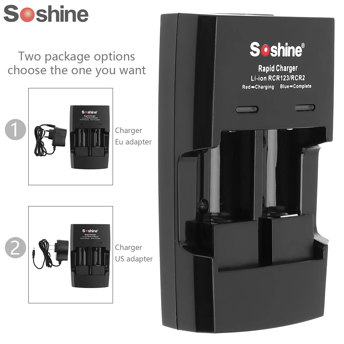 Soshine SC-S5 2 Slots Li-ion RCR123/RCR2 Rapid Battery Smart Charger with LED Indicator for 14250/CR2/16340/17335/15266 | Электроника