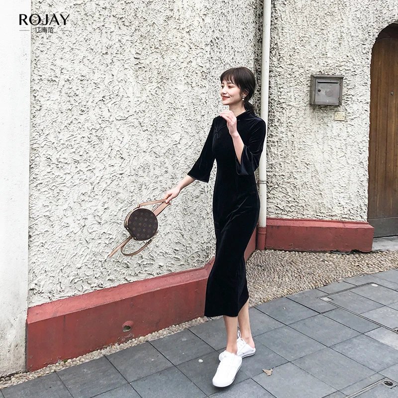ROJAY китайское новое платье Чонсам Платье для молодых женщин бархатное платье Чонсам облегающее платье с разрезом улучшенное платье средней длины