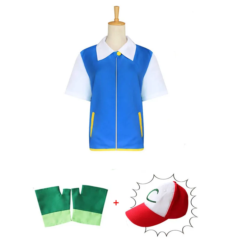 POKEMON Ash Ketchum голубой костюм для косплея куртка+ перчатки+ шляпа+ шары Карманный Монстр пепел Кетчум костюмы аниме косплей реквизит - Цвет: 3Pcs Sets