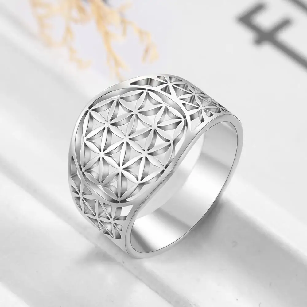 Skyrim-flor da vida anéis para mulheres, aço inoxidável, cor dourada, geometria sagrada, anel elegante, presente de aniversário, atacado