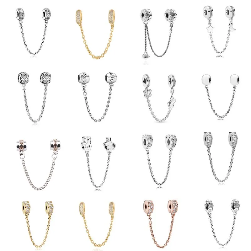 New Sparkling Safety Chain Stars Moon Dangle Beads Fit Original Pandora Charm Silver Color Bracelet Women Fashion Jewelry Gift | Украшения