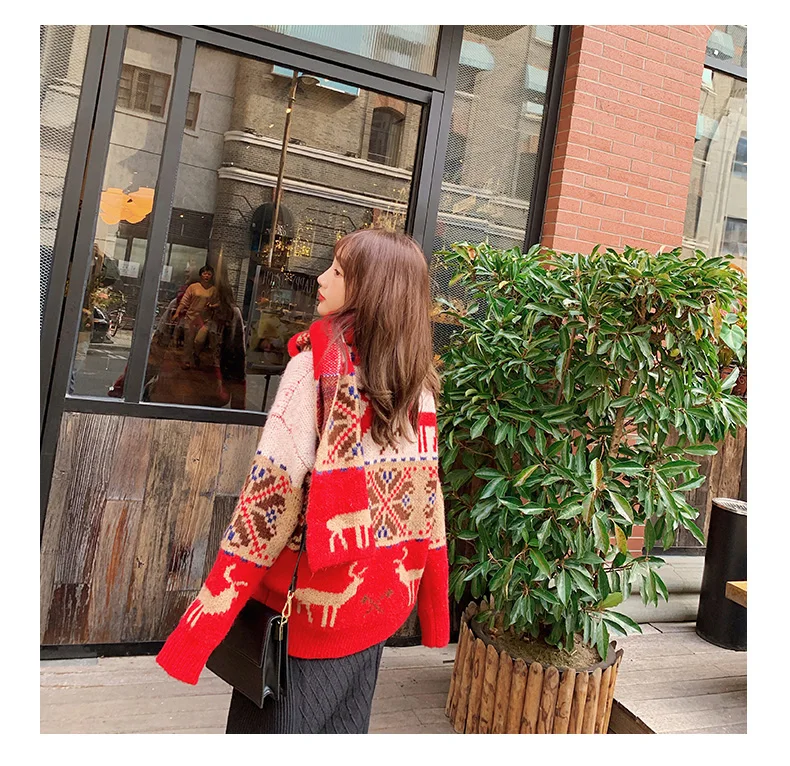 Skup Boże narodzenie nowy rok Retro czerwony sweter kobiet głowy zagęścić 2019 jesienią i zimą nowy luźny, gruby kurtka z wełny góry