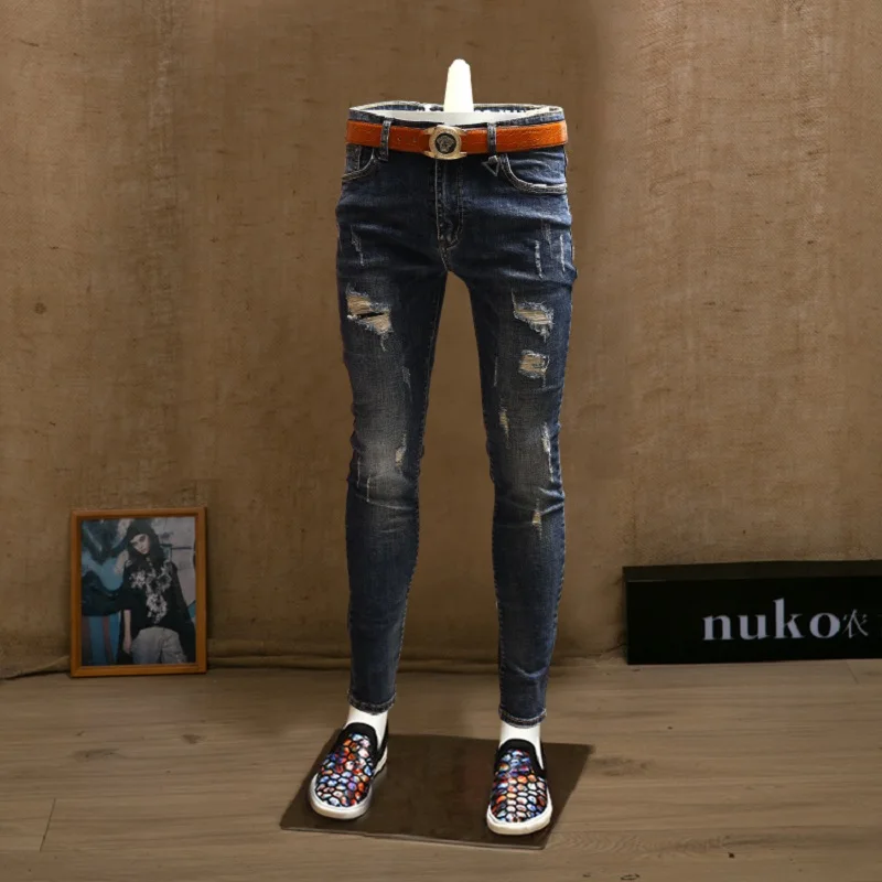 Модные Для мужчин s узкие Рваные джинсы синего цвета демисезонные джинсовые брюки-карандаш для Для мужчин в уличном стиле