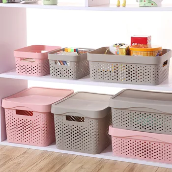 

Storage Basket Kitchen Organizer Rectangle Storage Box With Lid Hollow Imitation Rattan Basket Hollow Kitchen Storage Tools
