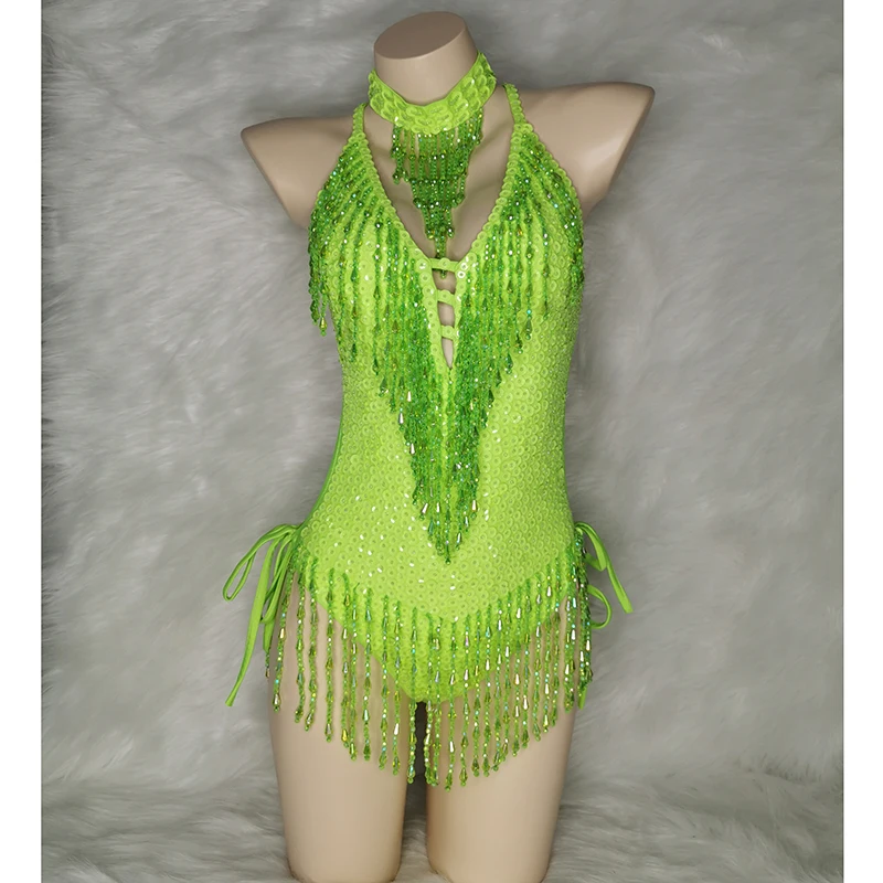 Sparkly Green Tassel Bodysuit Sexy Women Outfit Beads Sequins Carnival