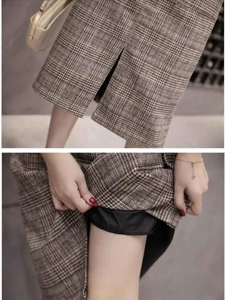 Женская Зимняя шерстяная теплая офисная юбка размера плюс, прямая клетчатая юбка с высокой талией, женская элегантная длинная юбка с поясом