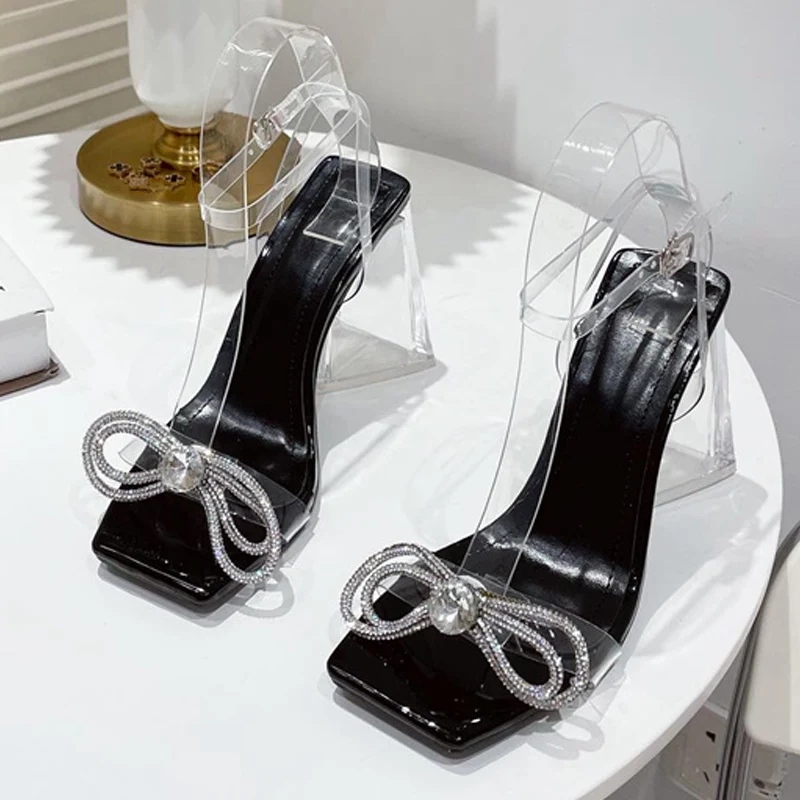 Summer Party Women Sandals Elegant Rhinestone Bowknot Design Strange Perspext High Heels Square Toe PVC Transparent Clear Shoes women high heels platform high heels sandals