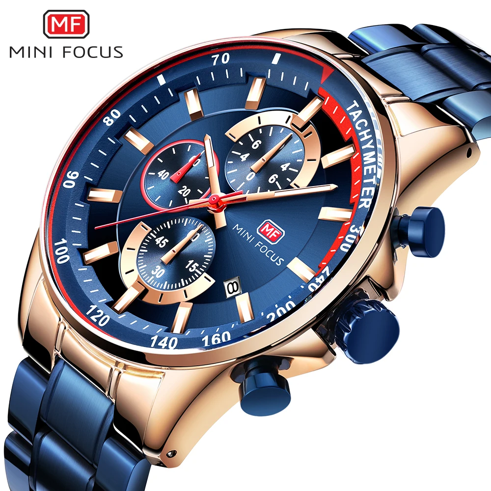 

MINIFOCUS Fashion Blue Steel Strap Watch Men Quartz Multifunction Clock Mens Watches Male Sport Chronograph Relogio Masculino