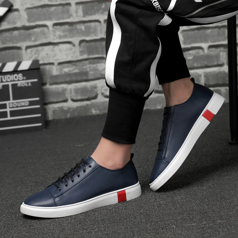 Band Sneakers Men Casual Shoes Genuine Leather shoes mens Designer solid Classic Fashion Male Lace up Flats black 36-47