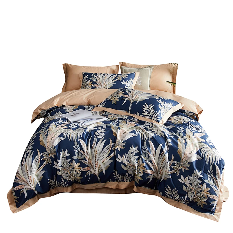 Постельное белье из египетского хлопка king size 4 шт. 60s атласные кроватные простыни темно-зелеными листьями постельные принадлежности набор пододеяльников в европейском стиле двойной постельное белье