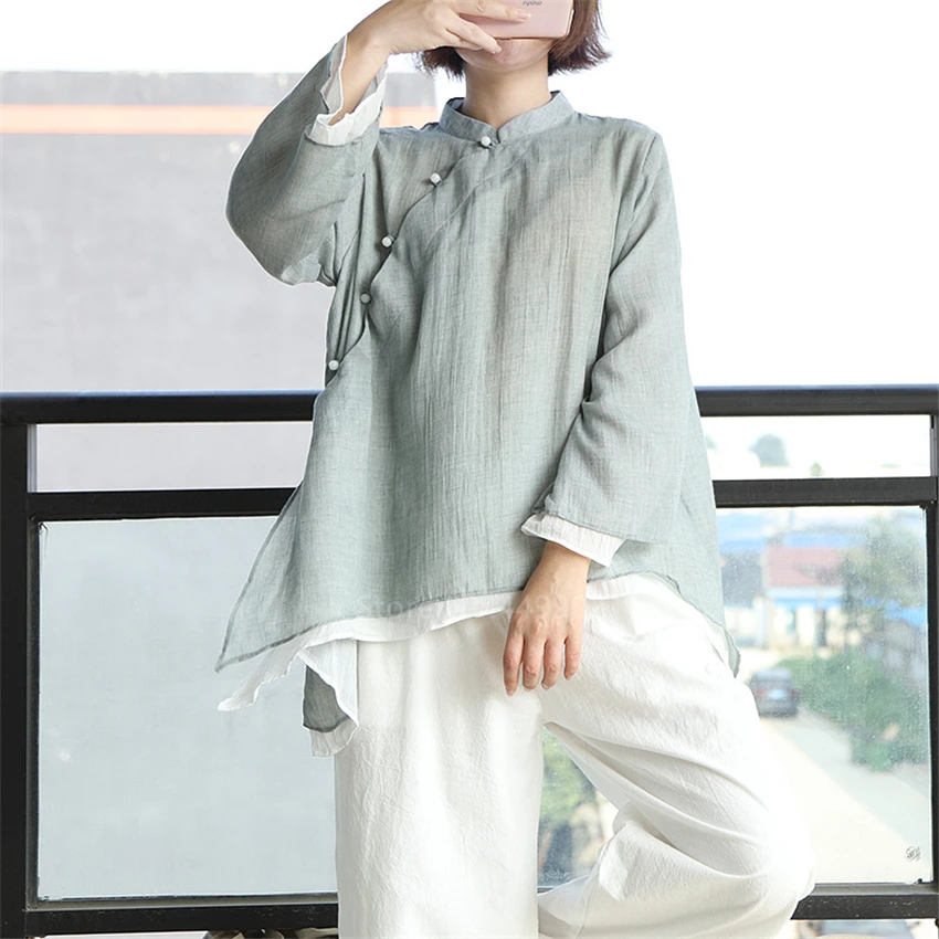 Retro Chinese Women Blouse Traditional Vintage Oblique Shirt Zen Summer Cotton Oriental Woman Tops Mandarin Collar Cheongsam