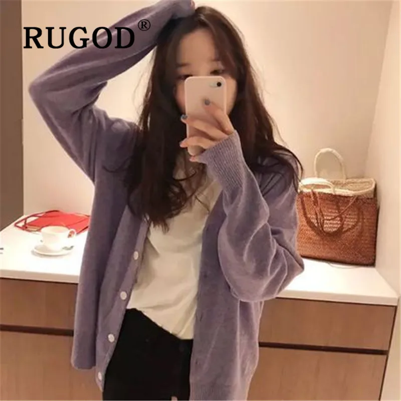 RUGOD, новинка, женский фиолетовый милый вязаный кардиган, v-образный вырез, свободный, длинный рукав, свитер, пальто, ленивое, уютное, шикарное, корейское, мягкое, осеннее пальто