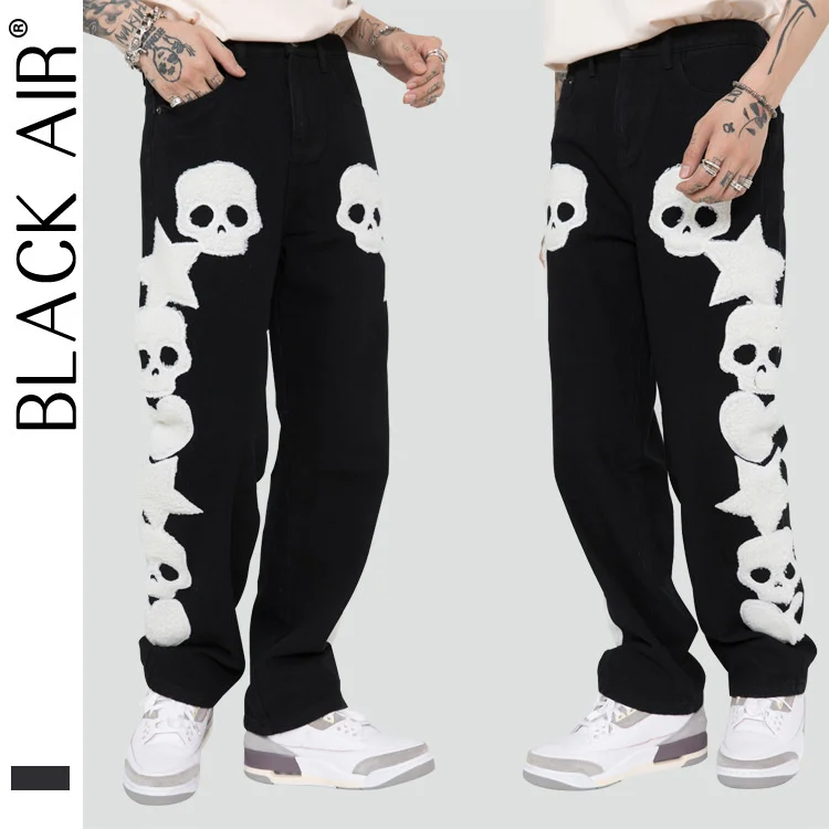 BLACKAIR skulls pattern baggy jeans skeleton embroidery jeans for men hip  hop jeans high street cargo jeans black jeans DY815 - AliExpress