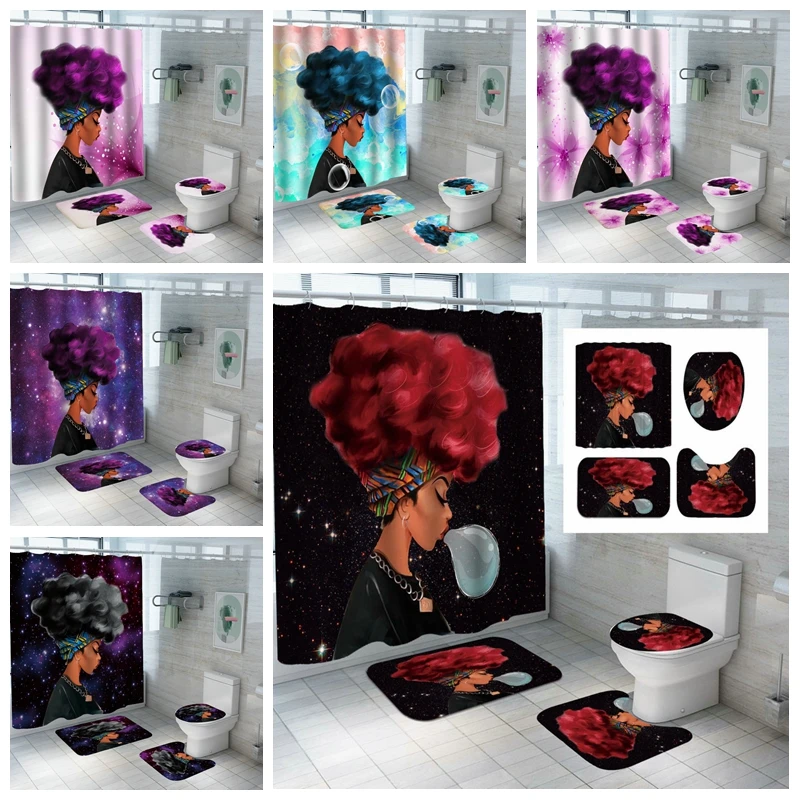 

African American Women With Explode Durable Waterproof Shower Curtain Set With Afro Africa Girl Queen Nonslip Bathroom Mat Rugs