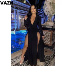  VAZN High quality 2020 summer sexy lady blue solid floor-length dress full sleeve deep V-neck side vent dress sexy party dress 