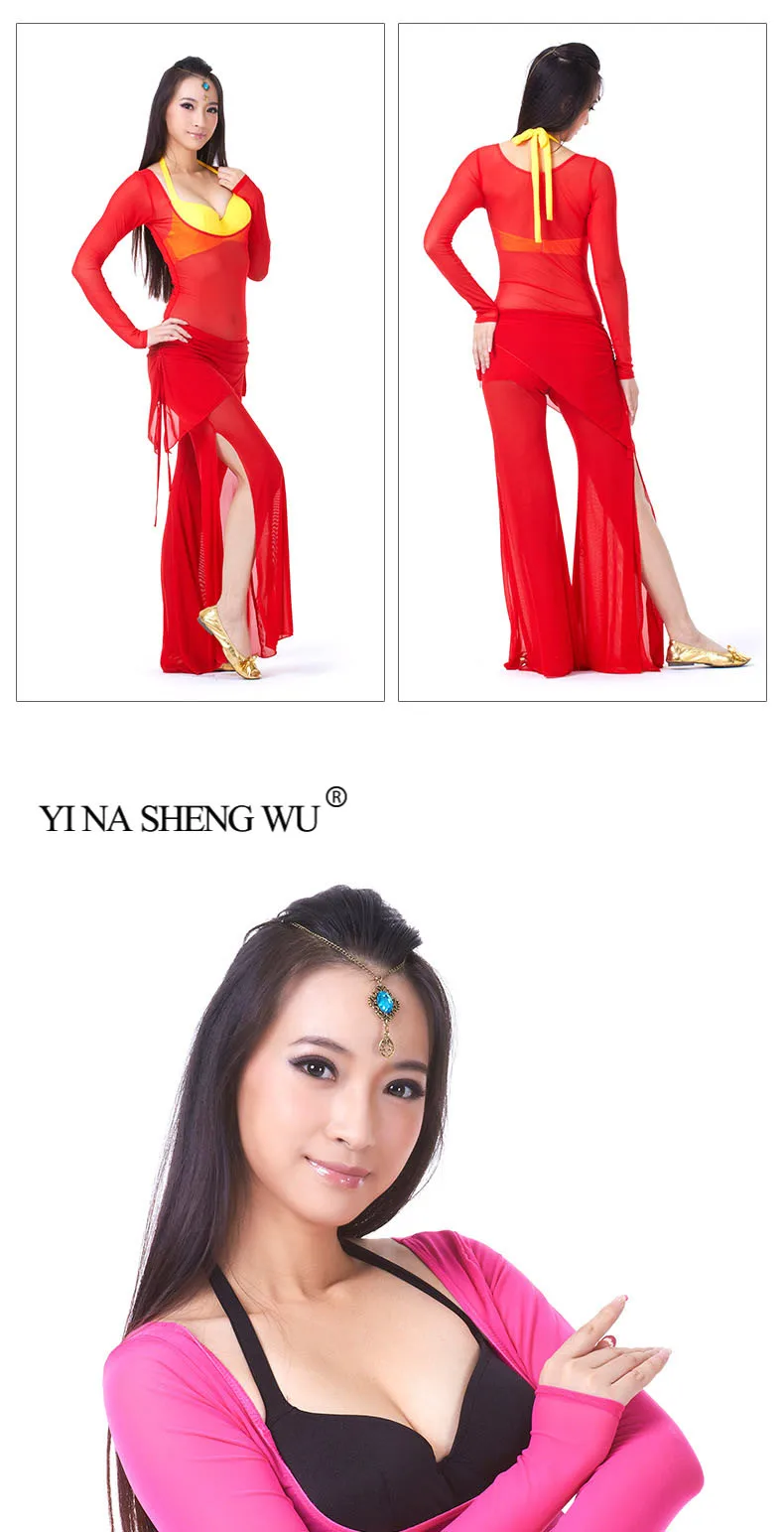 Women Sexy Belly Dance Costume Long Sleeve Mesh Suit Belly Dance Sets Autumn Winter Dance Long Pants Split Perspective 10 Colors