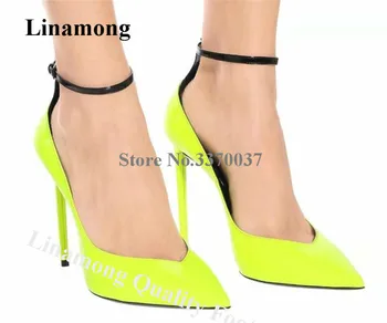 

Linamong New Neon Yellow Stiletto Heel V-open Pumps Patent Leather Ankle Straps Patchwork High Heels Formal Dress Wedding Shoes