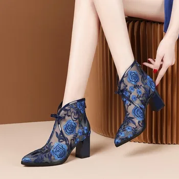 

Women's Mesh Floral High Heels Shoes Embroidery Flower Bowtie Ankle Boots Summer Block Heel Ethnic Breathable Real Leather Sexy