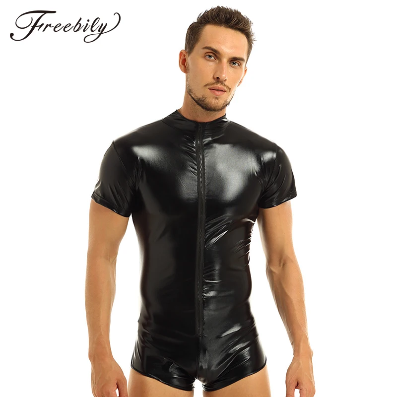 Black Latex Catsuit Mens Lingerie Faux Leather Zipper One Piece Leotard Bodysuit Gay Erotic