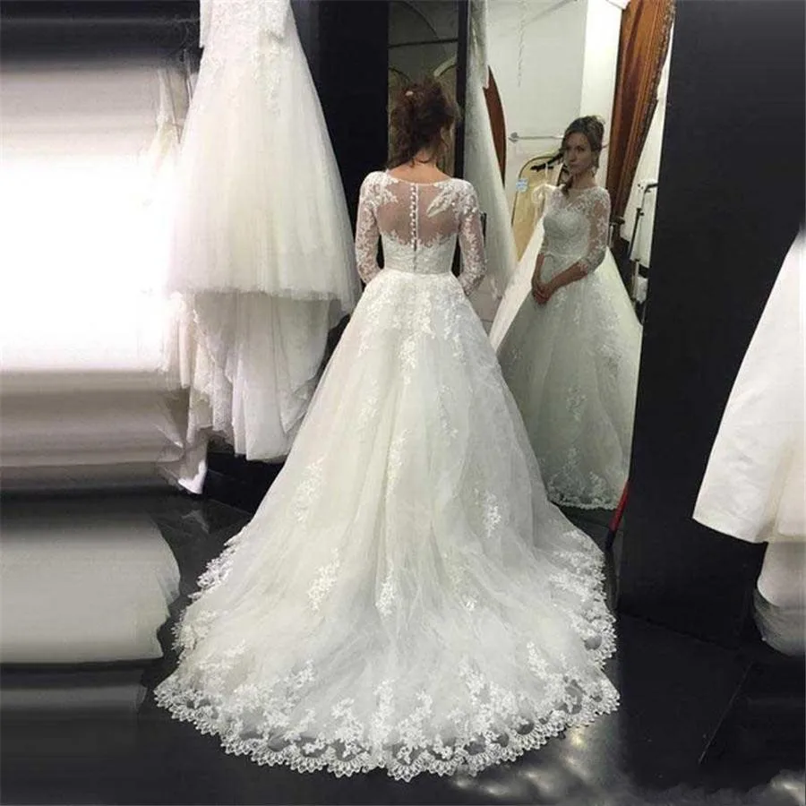 JIERUIZE скромные кружевные свадебные платья трапециевидной формы 3/4 рукава vestido de noiva Прозрачные Свадебные платья для невесты на пуговицах с бантом сзади
