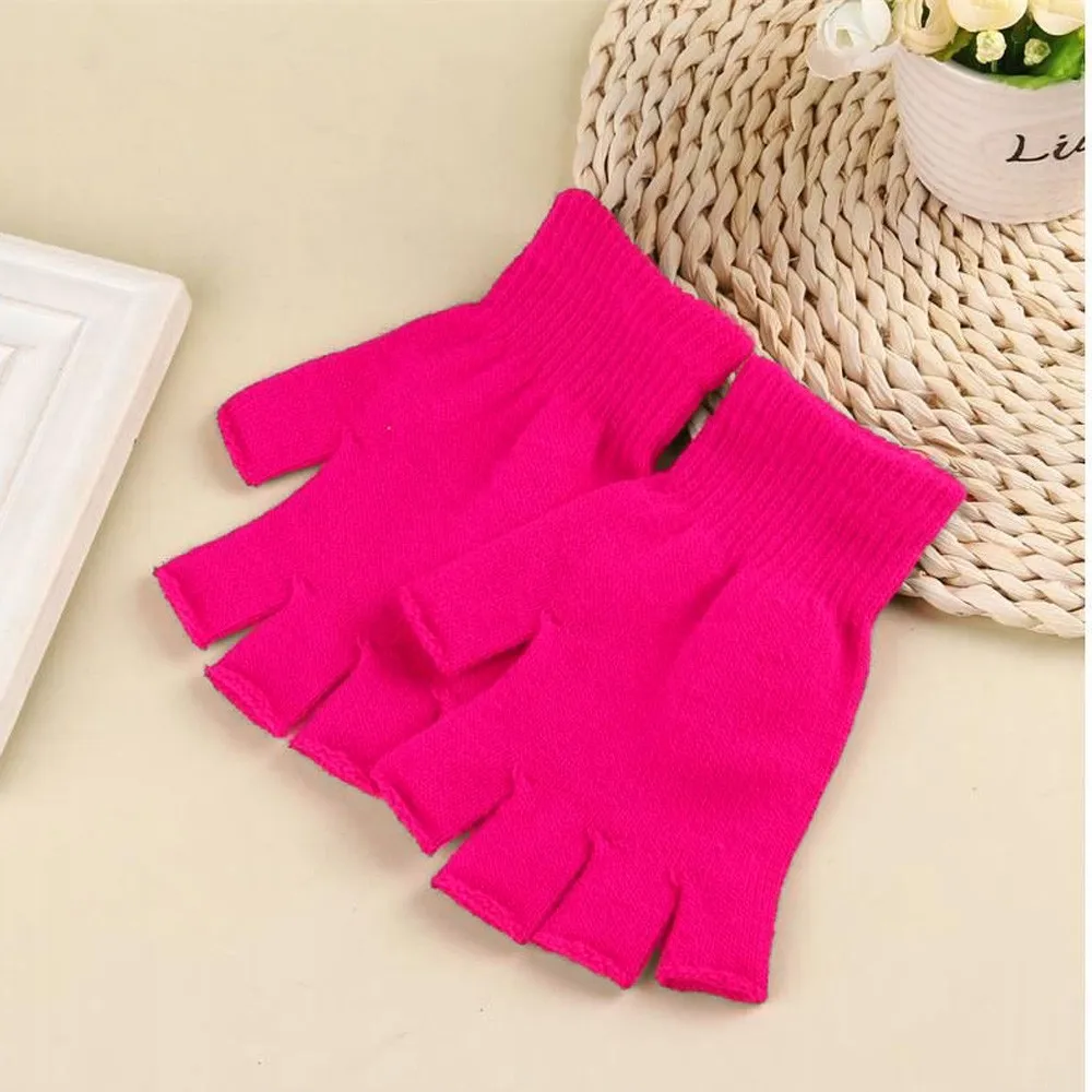 Hot Pink Женские перчатки мужские перчатки сплошной цвет половина пальца акриловые перчатки зимние теплые перчатки - Цвет: Hot Pink