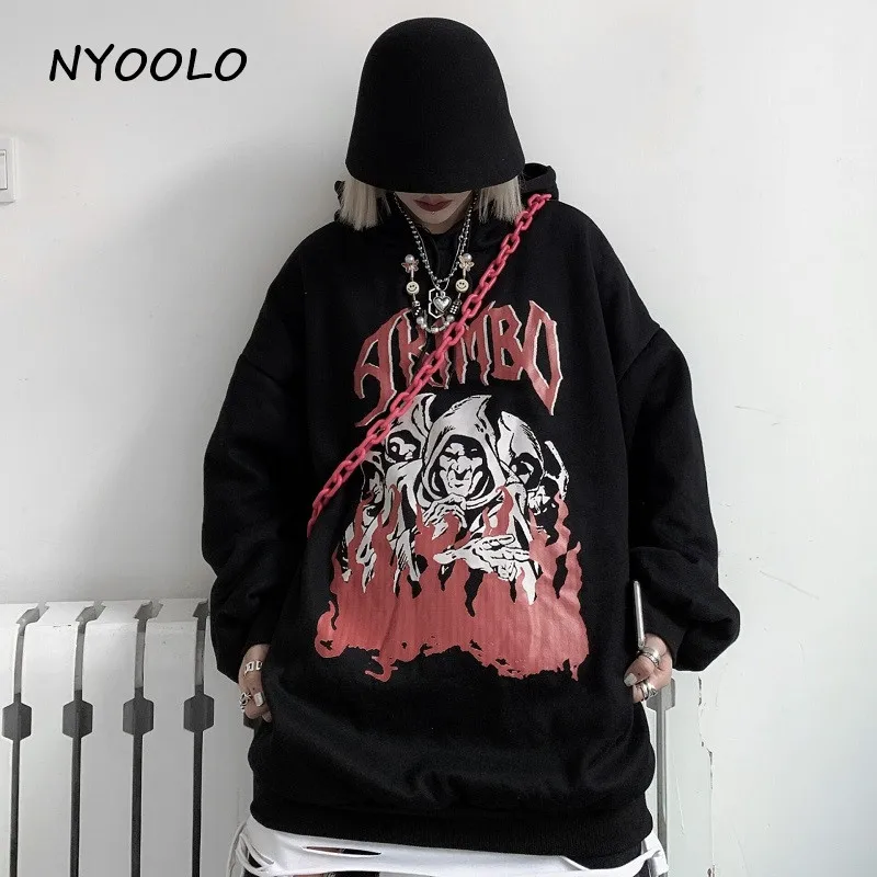 NYOOLO Harajuku уличная пламя демон Письмо печати Свободные толстовки осень зима пуловер с капюшоном утолщаются теплый weatshirt для женщин и мужчин