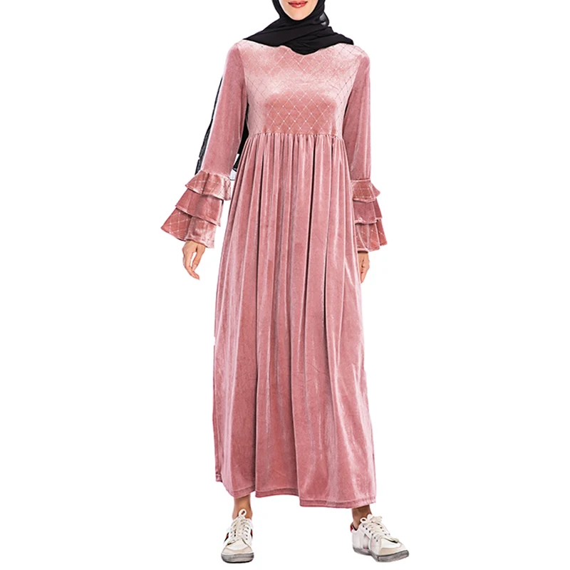 Плюс размер блесток Бархат абайя хиджаб с длинными рукавами мусульманское платье ислам одежда абайя s женский Восточный халат Caftan Дубай турецкие платья - Цвет: Pink dress