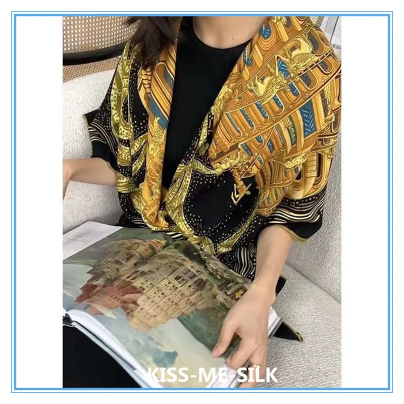 

KMS Mysterious Black Gold BABEL TOWER Scarf Shawl Silk and Cashmere Winter for Women 135*135cm/170g