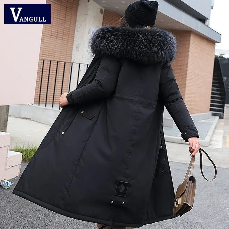 Vangull/зимняя одежда, длинные парки, куртка с меховым воротником и капюшоном, женские парки с меховой подкладкой, плотное Женское пальто на молнии, верхняя одежда больших размеров