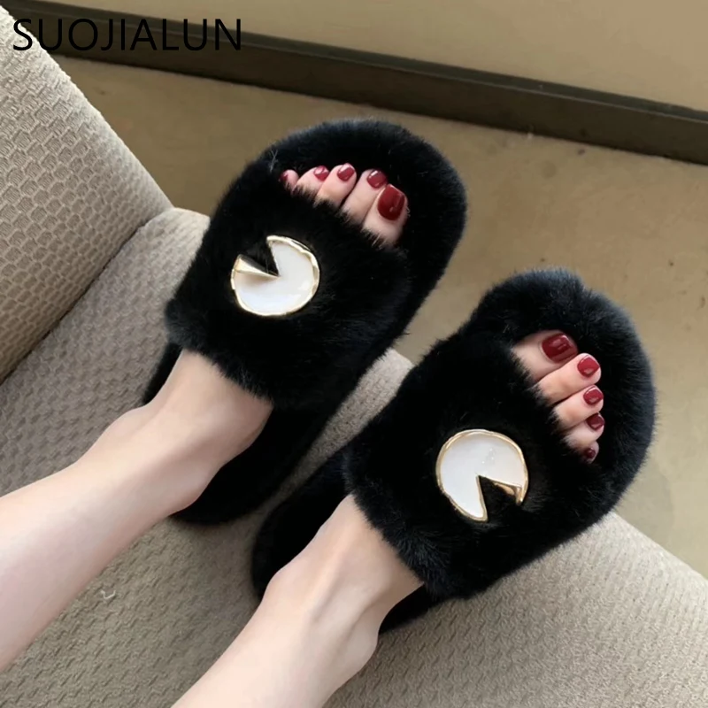 Online SUOJIALUN 2019 nuevas zapatillas peludas de invierno para mujer Sandalias suaves de felpa abrigadas para mujer chanclas al aire libre y para el hogar diapositivas