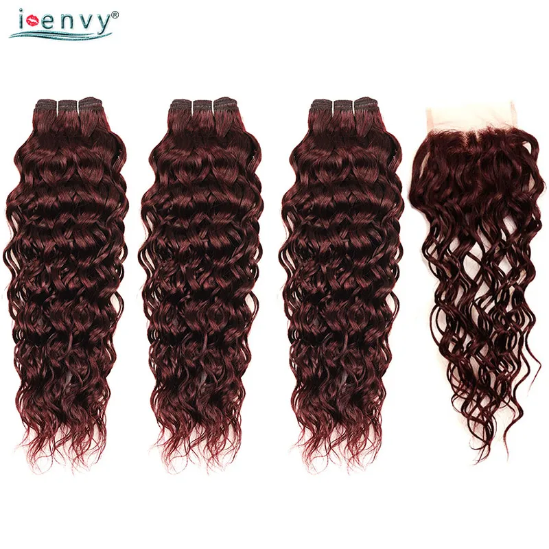 

I Envy 3 Human Hair Bundles With Lace Closure Brazilian Water Wave Hair Red Burgundy Bundles With Closure 10-26 Inches Non Remy