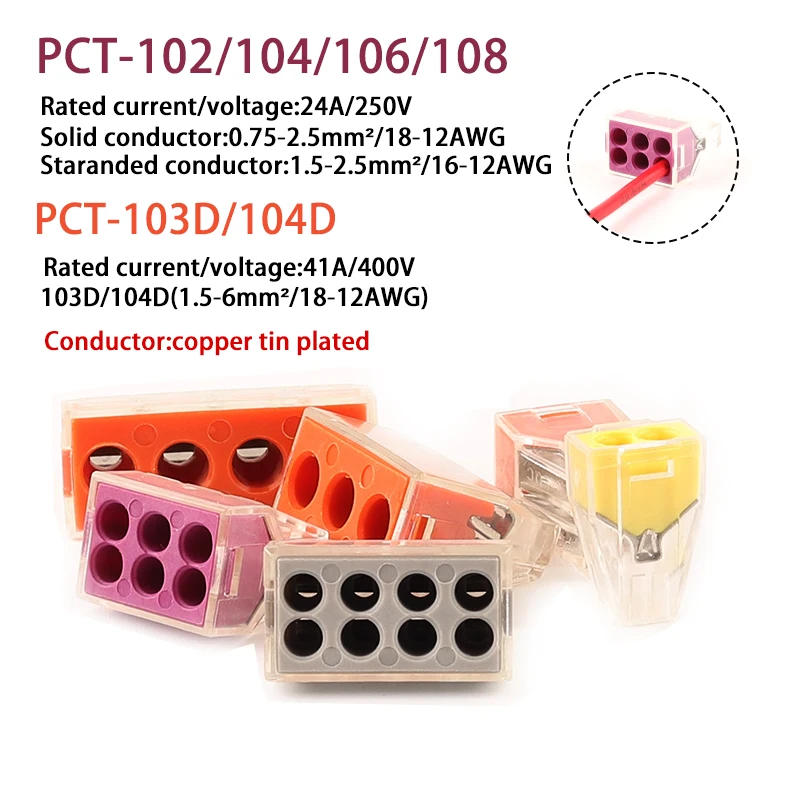 

30/50/100PC Universal Compact Wire Wiring Connector Conductor Terminal Block With Lever PCT-102/103D/104D/104/106/108