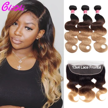 

Brazilian Hair Bundles With Frontal Body Wave 1B 4 27 Ombre Remy Human Hair Bundles With 13x4 Ear To Ear Lace Closure Preplucked