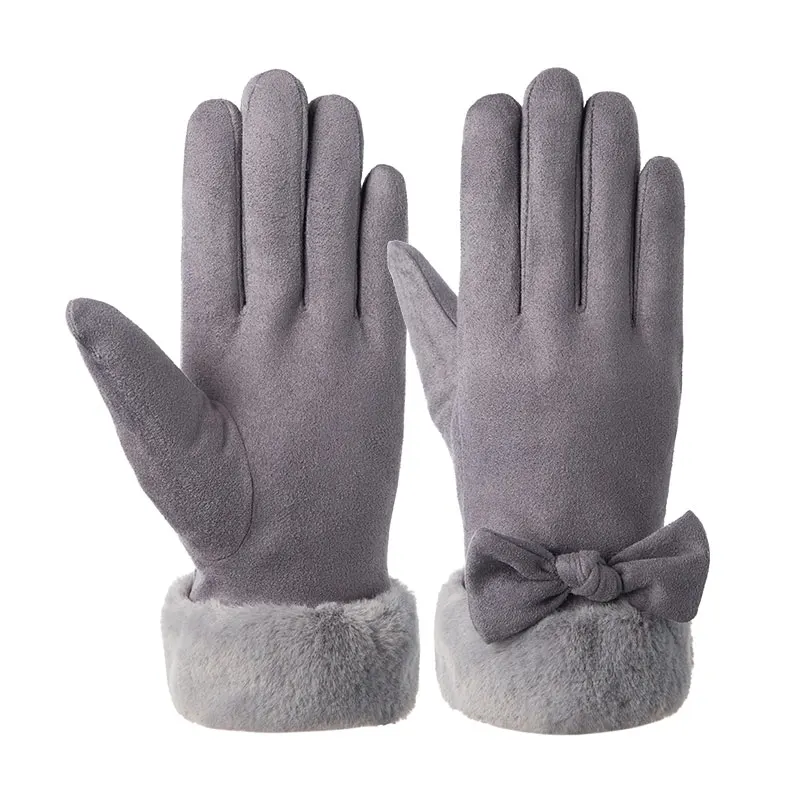 Зимние теплые женские утепленные перчатки с сенсорным экраном Элегантные замшевые варежки с бантом Guantes Плюшевые Вязаные прекрасные перчатки с бантом Luvas - Цвет: Grey Bow