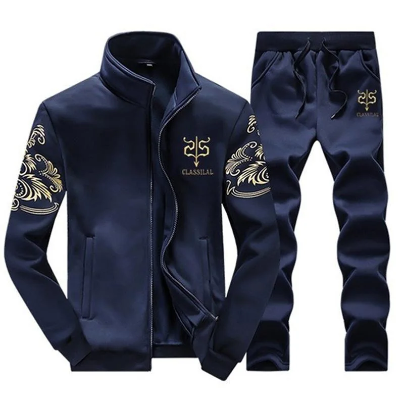 Мужской спортивный костюм+ спортивные штаны, брендовый осенне-зимний комплект из 2 предметов, стоячий воротник, на молнии, флисовая Лоскутная хлопчатобумажная Повседневная Толстовка для мужчин - Цвет: Dark Blue D38