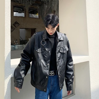 

Metal Ring Fashion PU Leather High Street Punk Hip Hop Men Streetwear Gothic Motorcycle Jacket Cargo Coat Outerwear